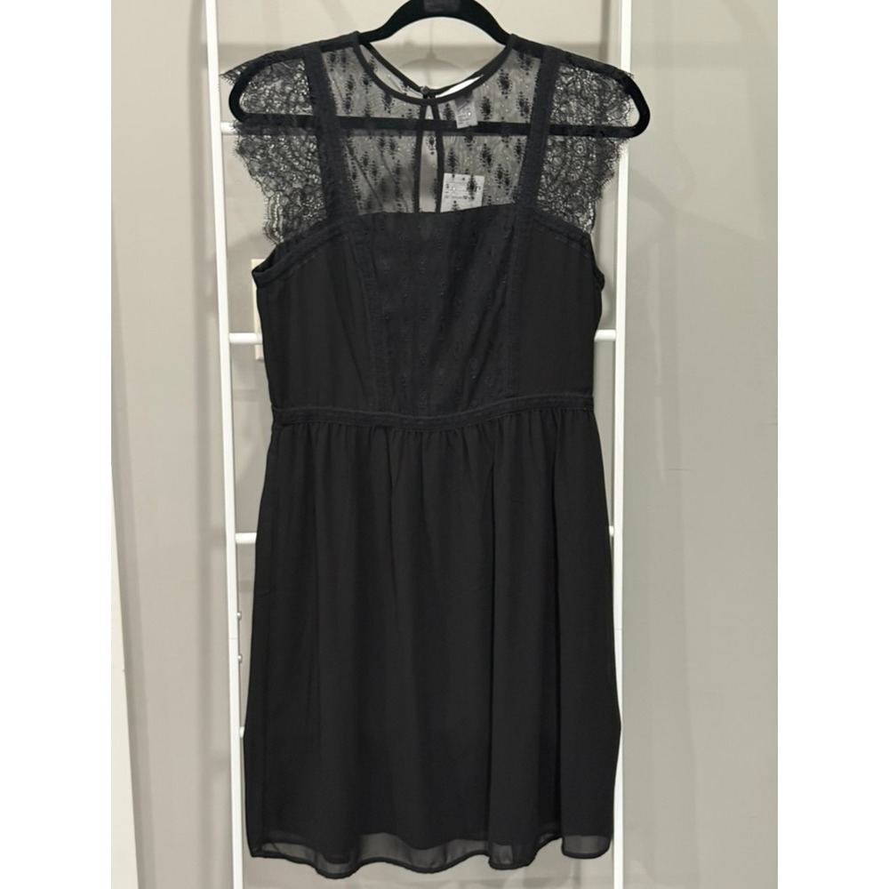 NWT HM Black Lace Cap Sleeve Mini Dress Sheer Yoke Cocktail 10 Whimsigoth 90's